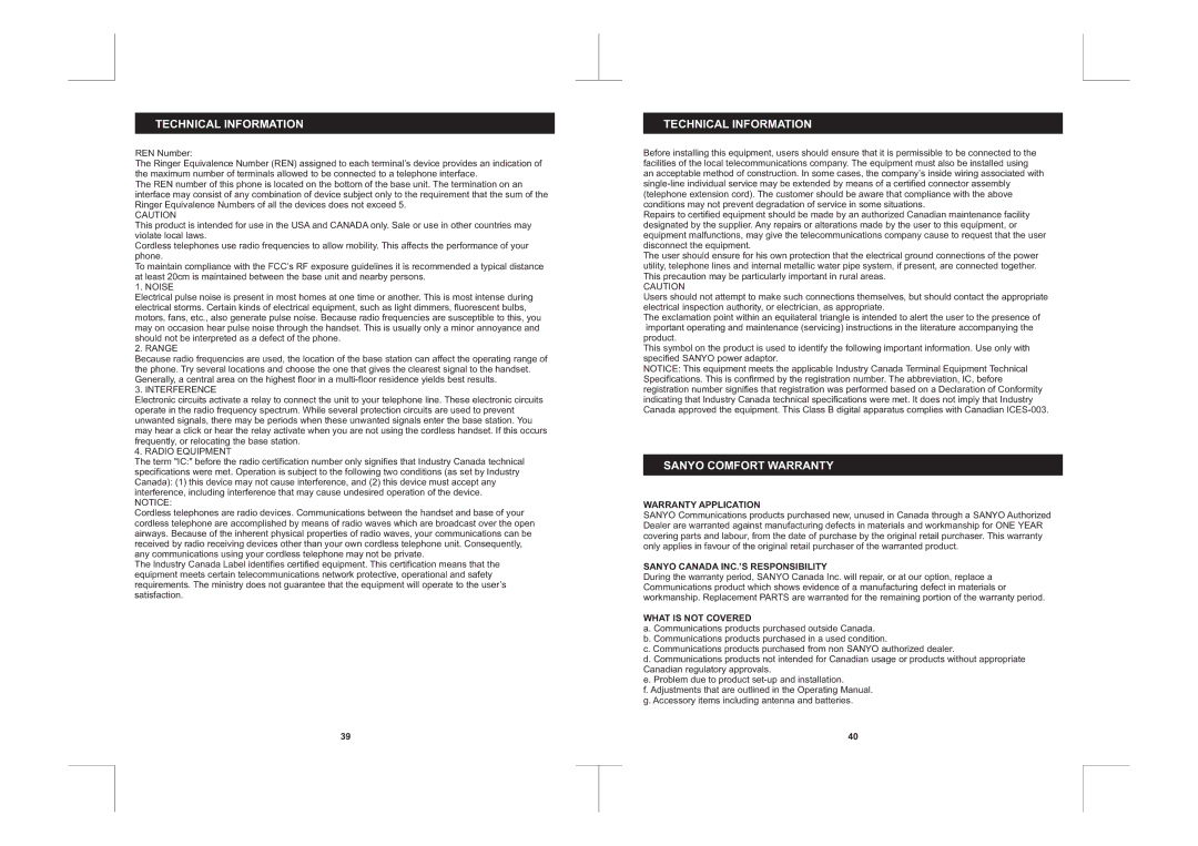 Sanyo CLT-D6223 Technical Information, Sanyo Comfort Warranty, Warranty Application, Sanyo Canada INC.’S Responsibility 