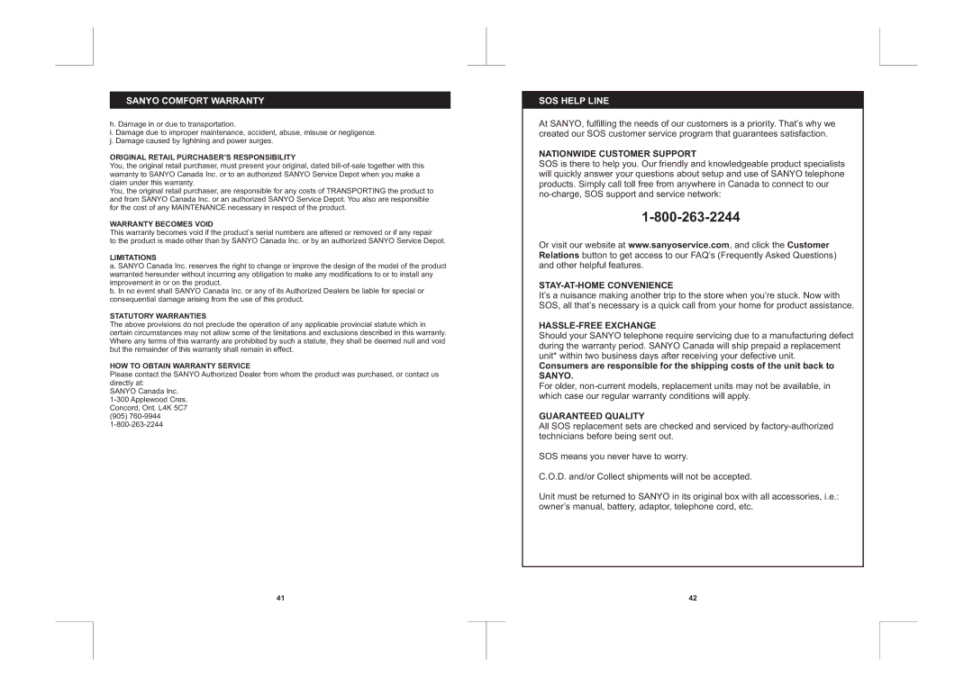 Sanyo CLT-D6222, CLT-D6223, CLT-D6220 instruction manual SOS Help Line 