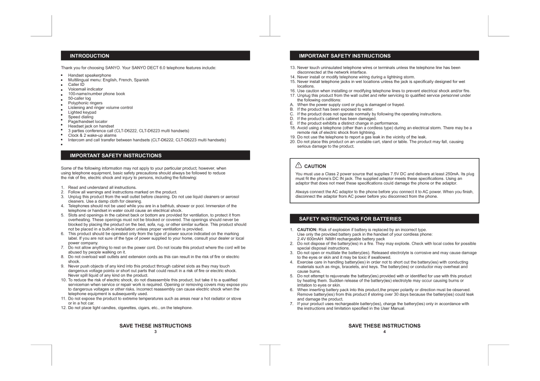 Sanyo CLT-D6223, CLT-D6222, CLT-D6220 Introduction, Important Safety Instructions, Safety Instructions for Batteries 