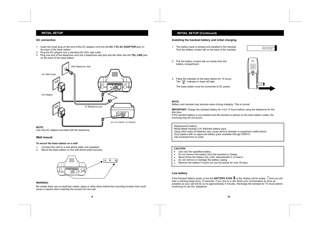 Sanyo CLT-D6223, CLT-D6222 Initial Setup, AC connection, Installing the handset battery and initial charging, Low battery 