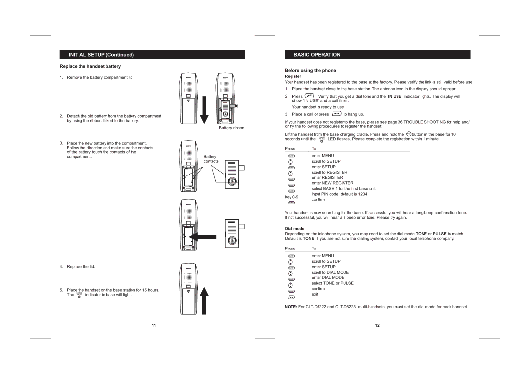 Sanyo CLT-D6222, CLT-D6223 Basic Operation, Replace the handset battery, Before using the phone, Register, Dial mode 