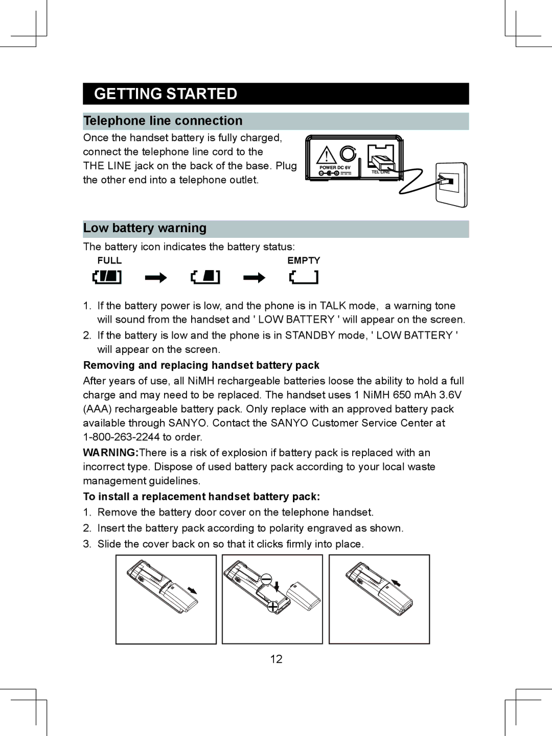 Sanyo CLT-D6614 Telephone line connection, Low battery warning, Removing and replacing handset battery pack 