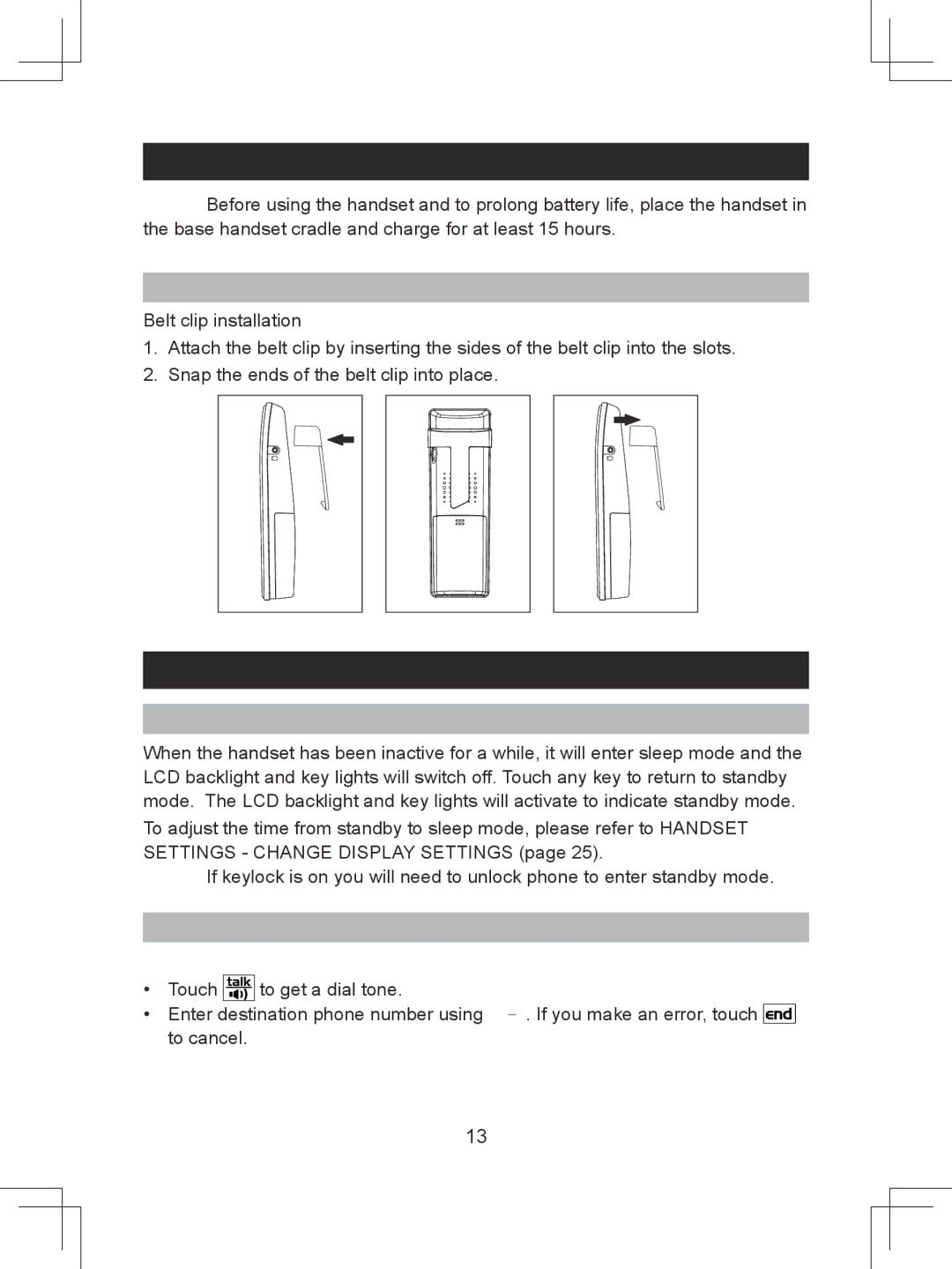 Sanyo CLT-D6614 Basic Functions, Attaching the belt clip, Standby mode and sleep mode, Making and receiving calls 