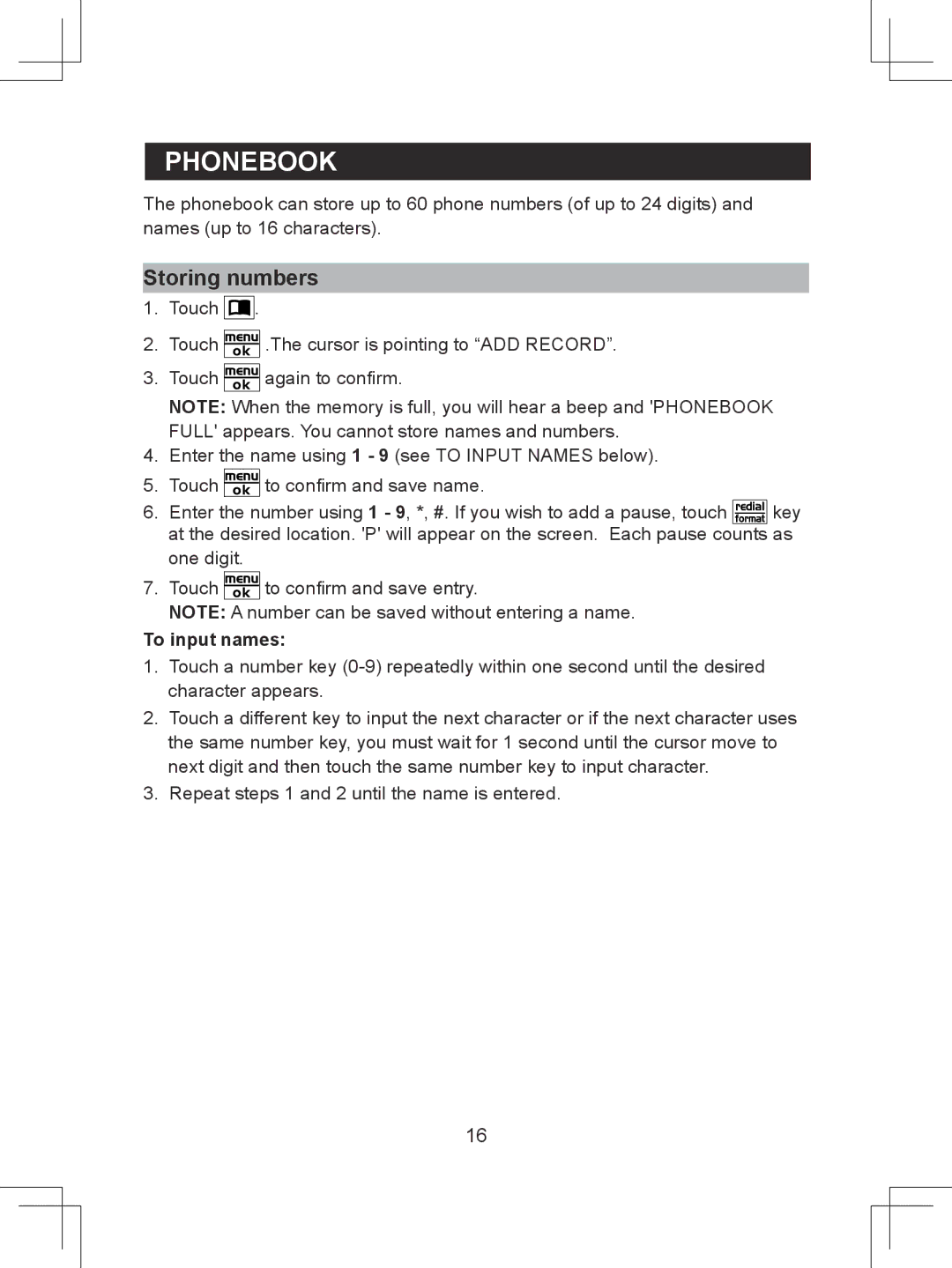 Sanyo CLT-D6614 instruction manual Phonebook, Storing numbers, To input names 