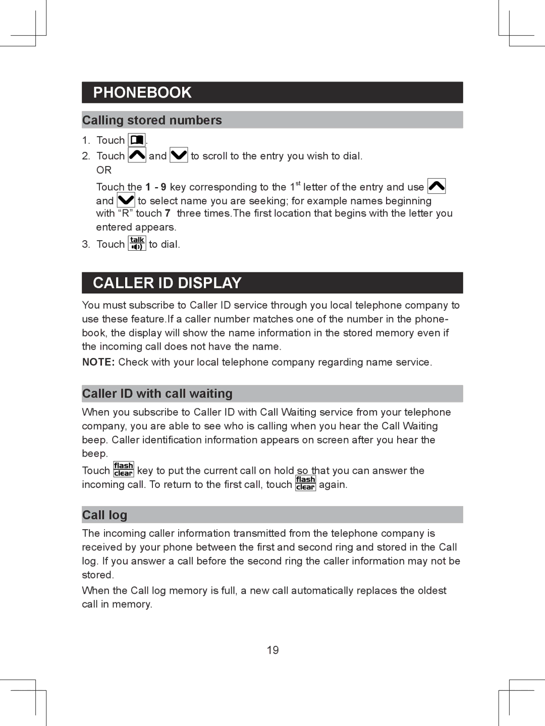 Sanyo CLT-D6614 instruction manual Caller ID Display, Calling stored numbers, Caller ID with call waiting, Call log 