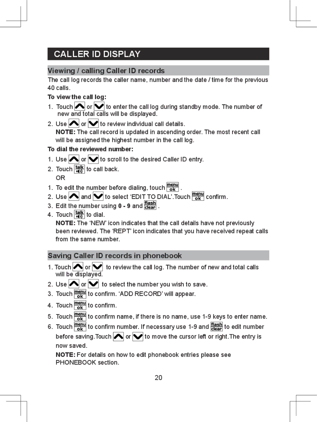 Sanyo CLT-D6614 Viewing / calling Caller ID records, Saving Caller ID records in phonebook, To view the call log 