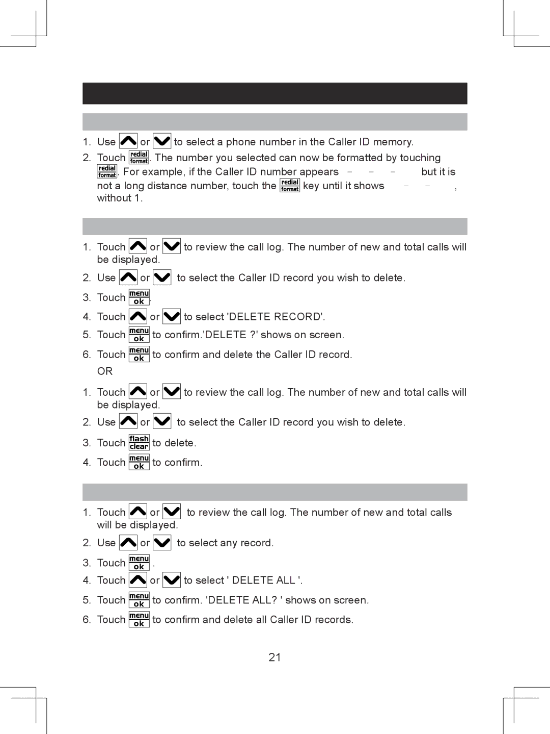 Sanyo CLT-D6614 instruction manual Formatting Caller ID numbers, Deleting Caller ID records, Deleting all Caller ID records 