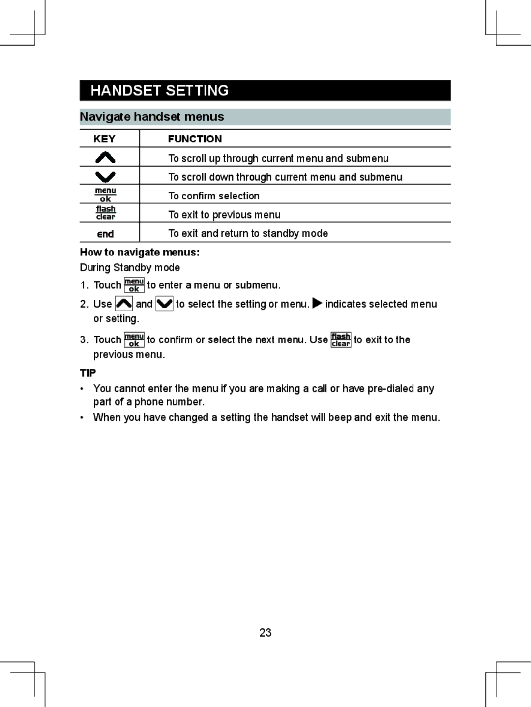 Sanyo CLT-D6614 instruction manual Handset Setting, Navigate handset menus, KEY Function, How to navigate menus, Tip 