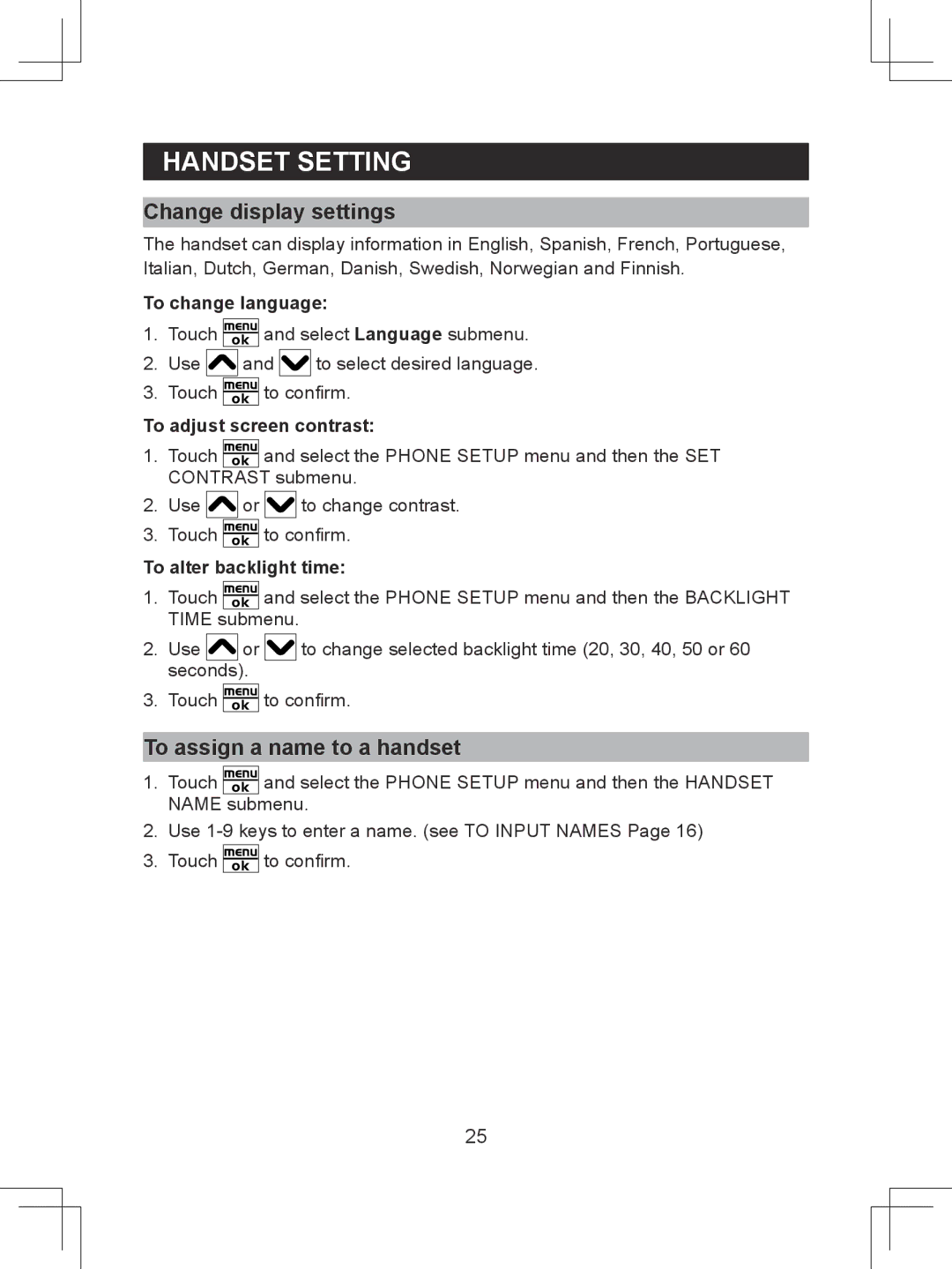 Sanyo CLT-D6614 Change display settings, To assign a name to a handset, To change language, To adjust screen contrast 