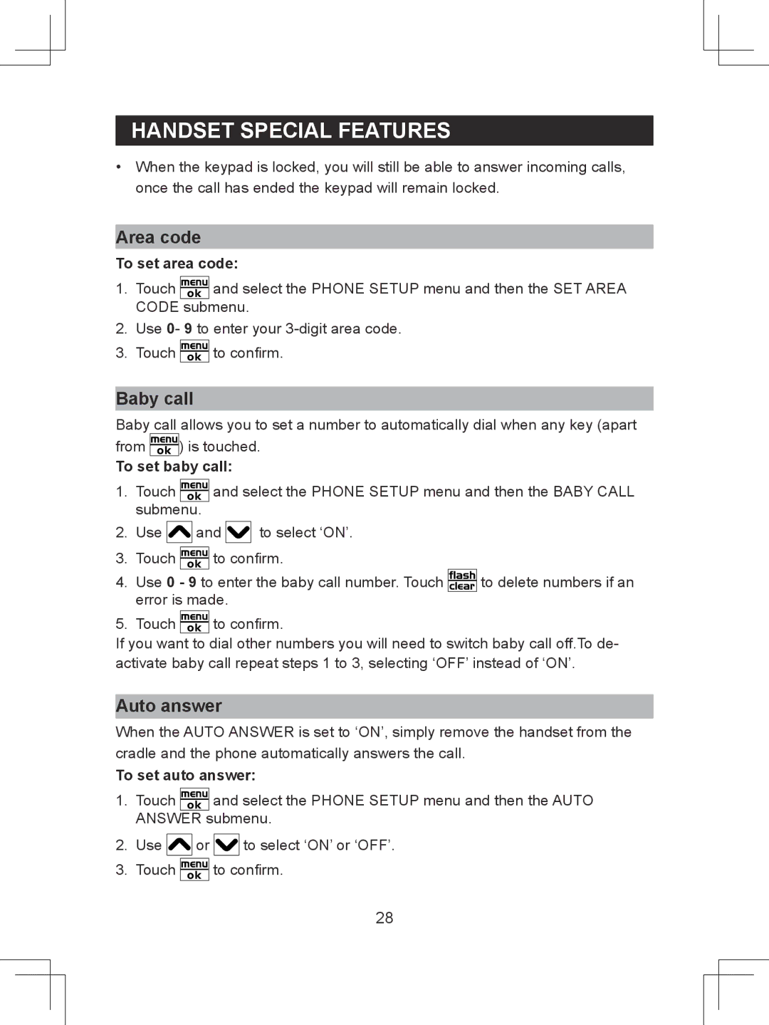 Sanyo CLT-D6614 instruction manual Area code, Baby call, Auto answer 