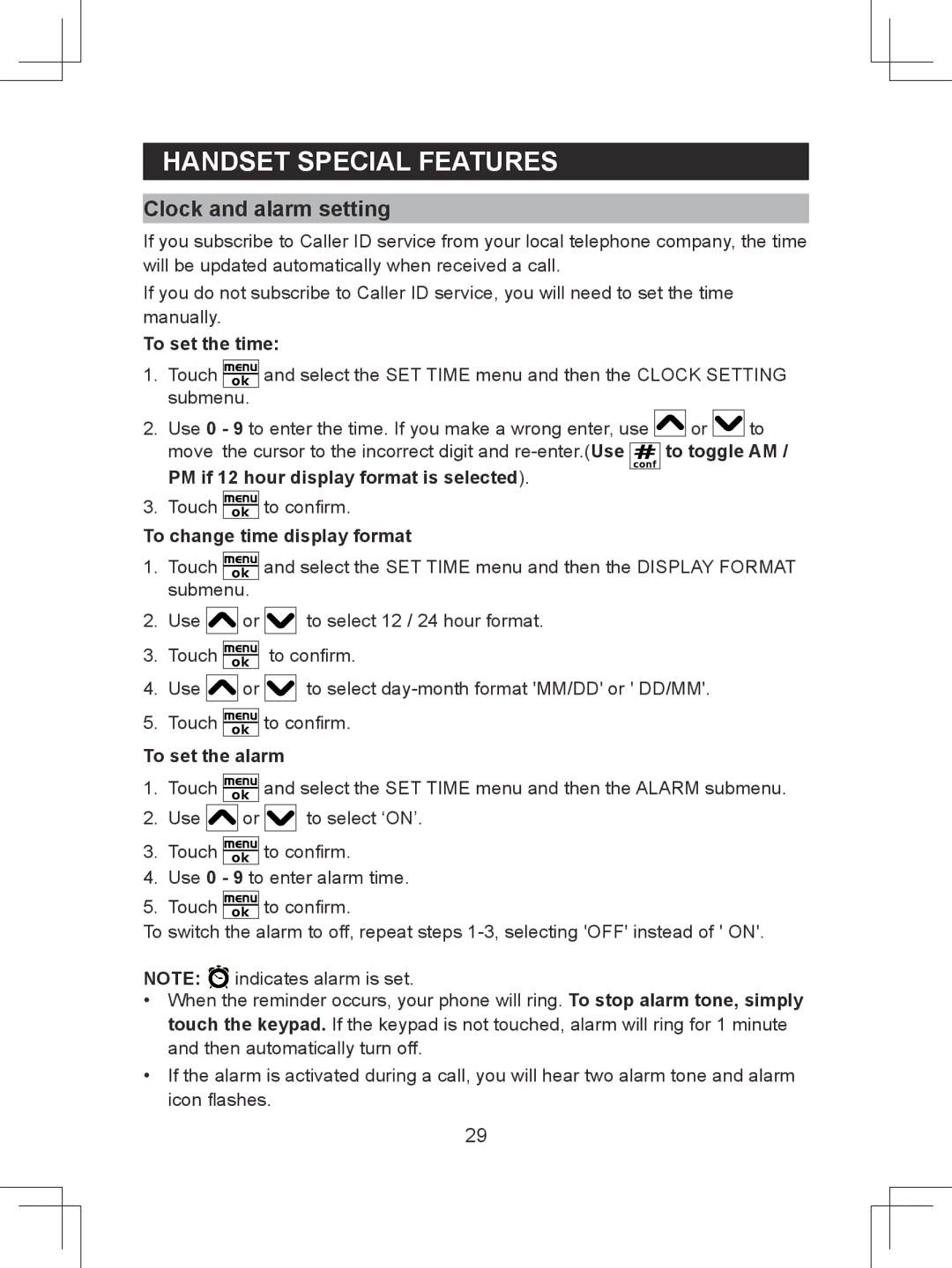 Sanyo CLT-D6614 Clock and alarm setting, To set the time, To change time display format, To set the alarm 