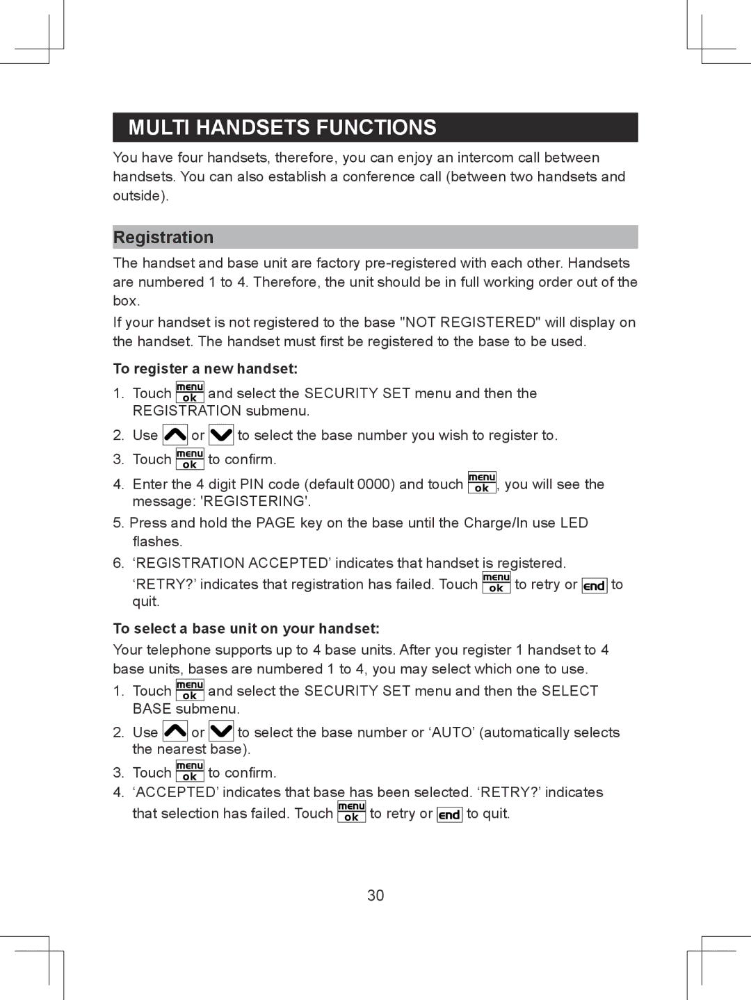 Sanyo CLT-D6614 Multi Handsets Functions, Registration, To register a new handset, To select a base unit on your handset 