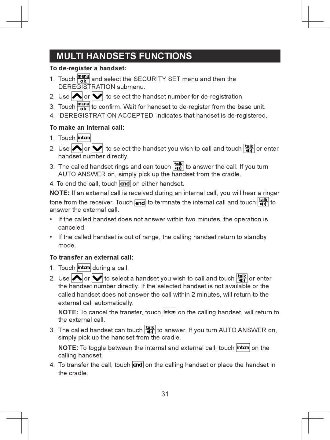 Sanyo CLT-D6614 instruction manual To de-register a handset, To make an internal call, To transfer an external call 