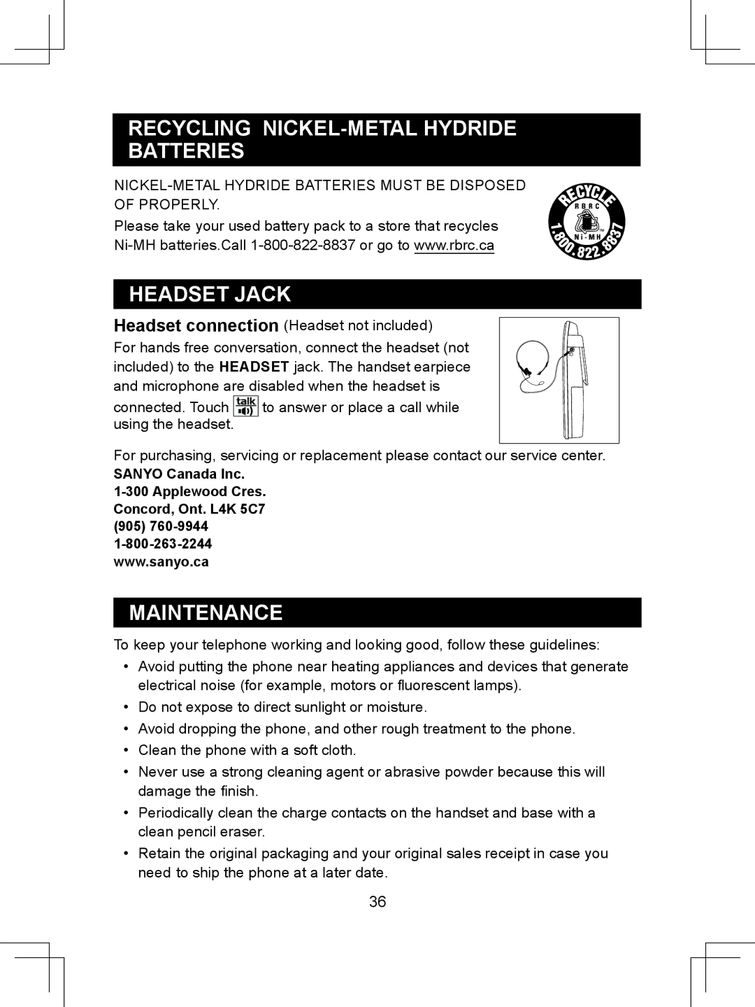 Sanyo CLT-D6614 instruction manual Recycling NICKEL-METAL Hydride Batteries, Headset Jack, Maintenance 