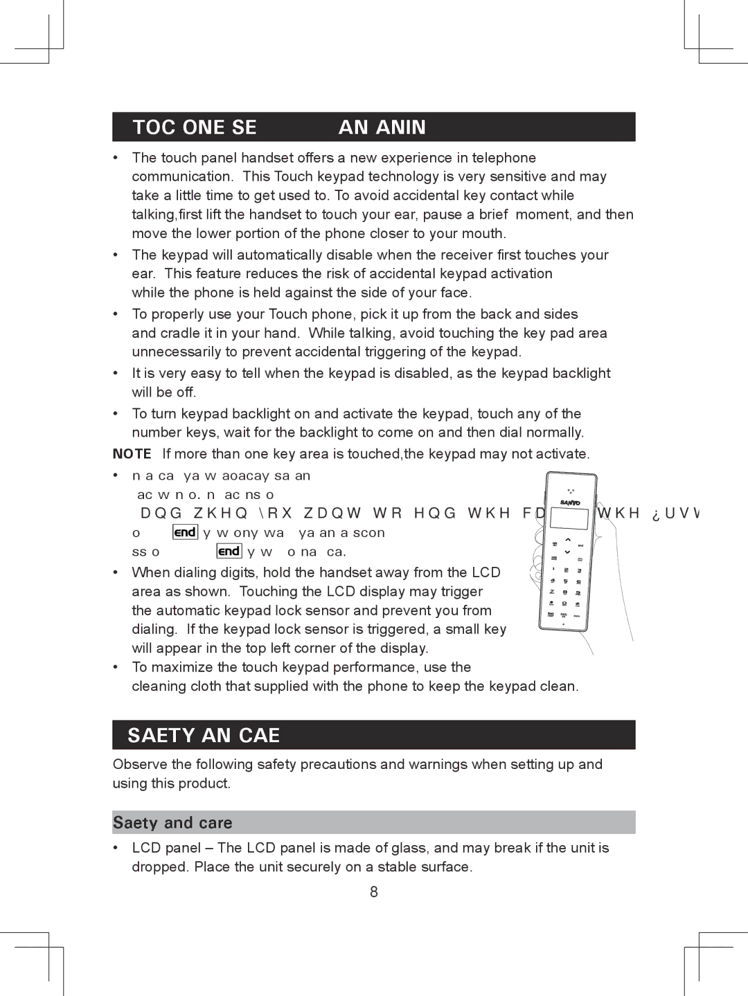 Sanyo CLT-D6614 instruction manual Touch Phone USE and Handling, Safety and care 