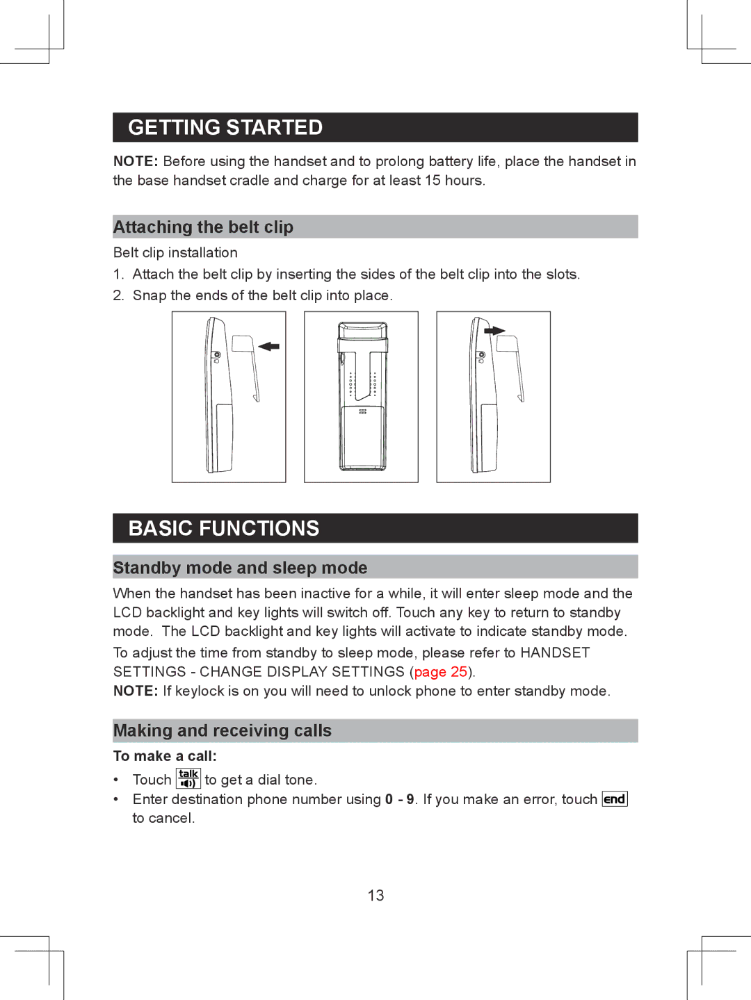 Sanyo CLT-D6622 Basic Functions, Attaching the belt clip, Standby mode and sleep mode, Making and receiving calls 