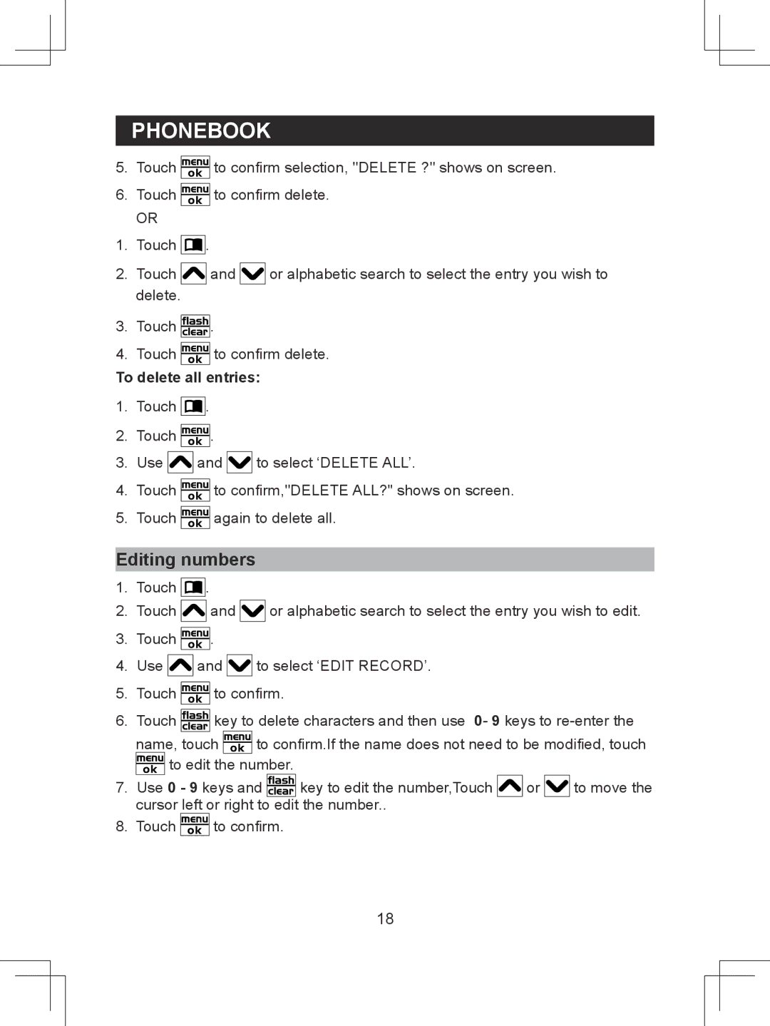 Sanyo CLT-D6620(WH), CLT-D6622(WH), CLT-D6623(WH) instruction manual Editing numbers, To delete all entries 