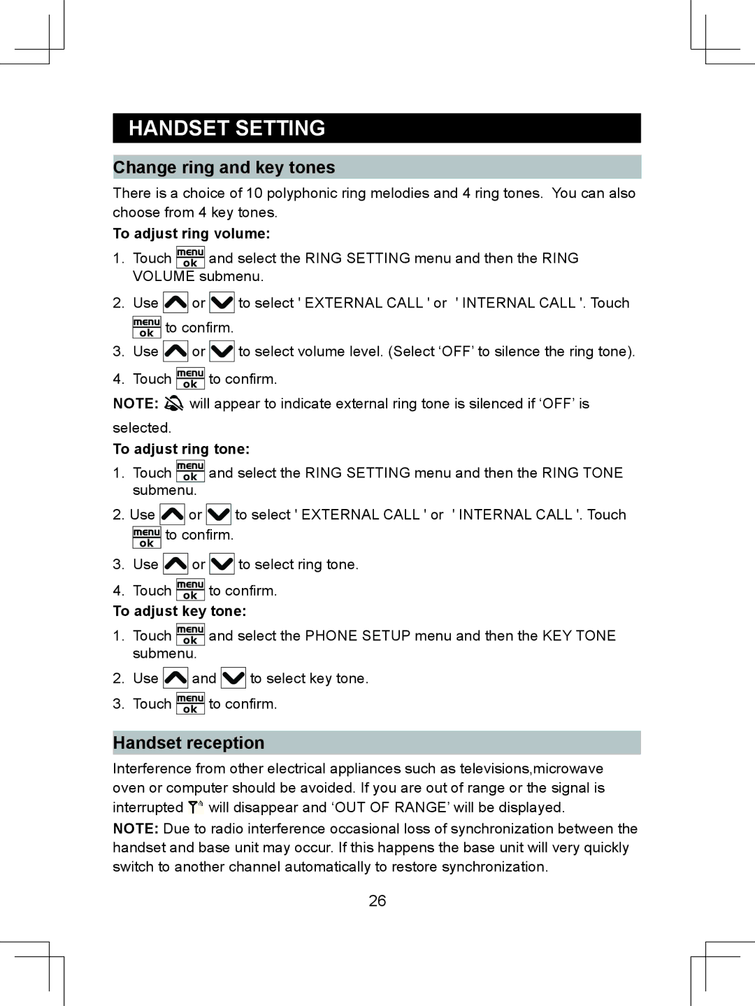 Sanyo CLT-D6622(WH), CLT-D6623 Change ring and key tones, Handset reception, To adjust ring volume, To adjust ring tone 