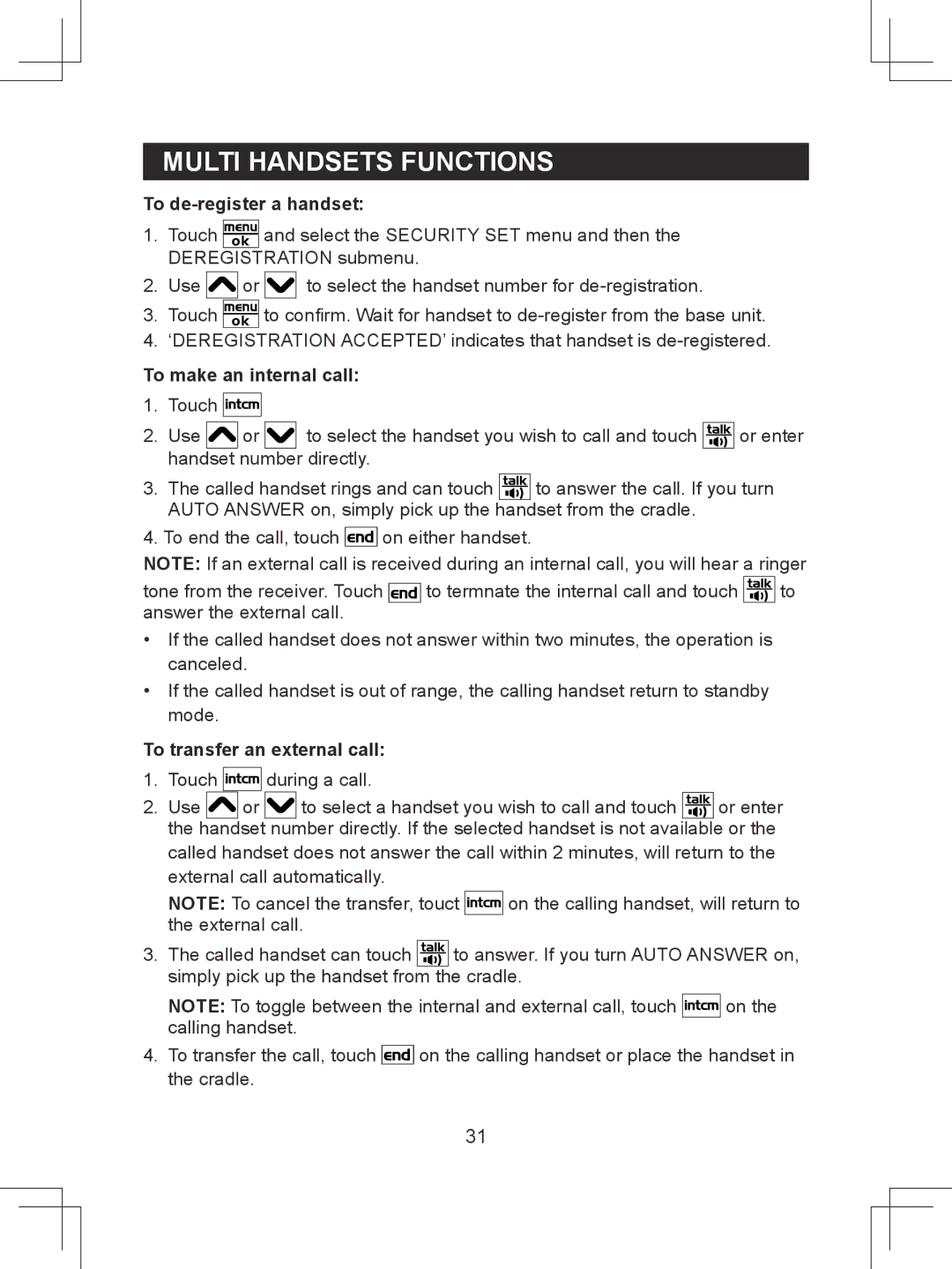 Sanyo CLT-D6622(WH), CLT-D6620(WH) To de-register a handset, To make an internal call, To transfer an external call 