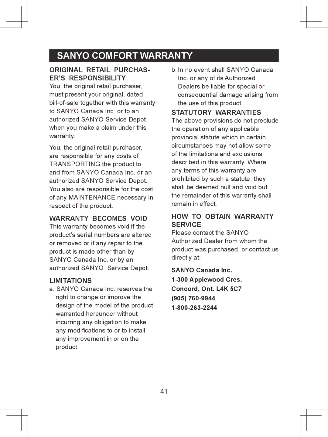 Sanyo CLT-D6622(WH), CLT-D6620(WH), CLT-D6623(WH) instruction manual Original Retail PURCHAS- ER’S Responsibility 