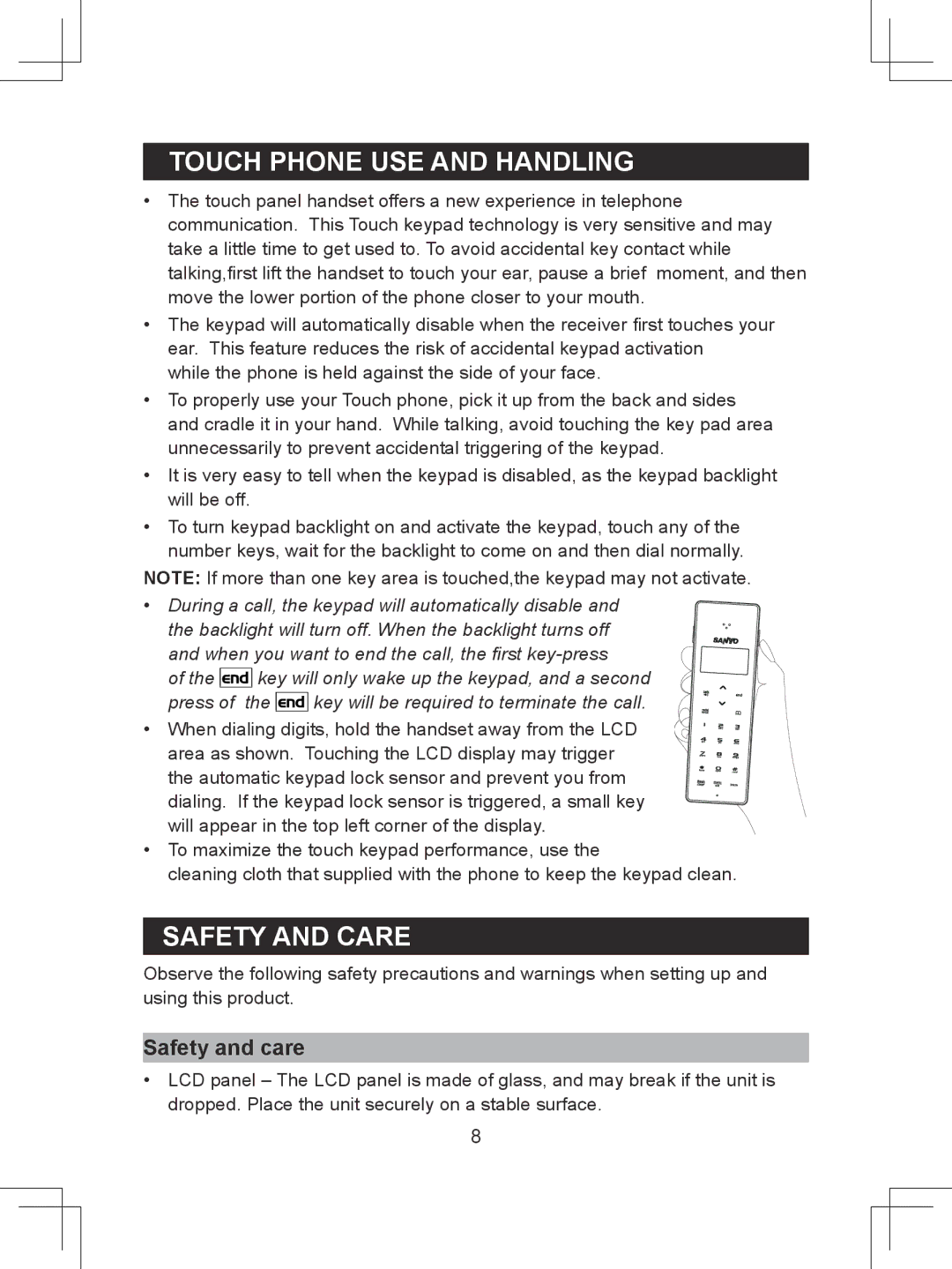 Sanyo CLT-D6620(WH), CLT-D6622(WH), CLT-D6623(WH) instruction manual Touch Phone USE and Handling, Safety and care 