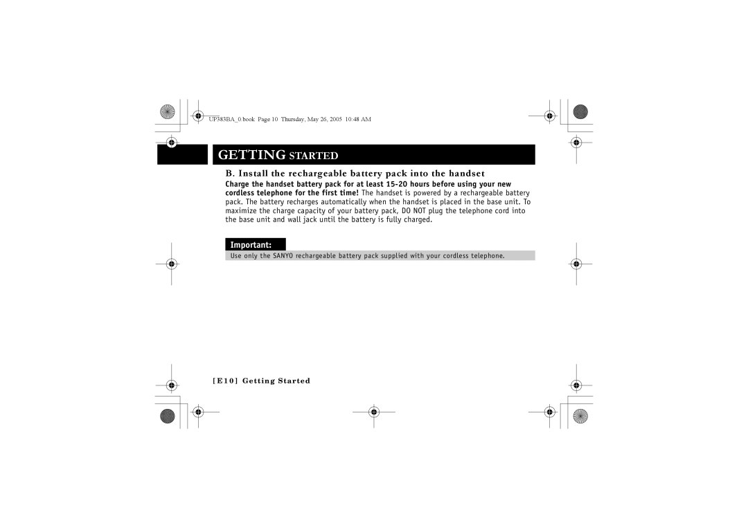 Sanyo CLT-E30, CLT-E33, CLT-E32 instruction manual Install the rechargeable battery pack into the handset 