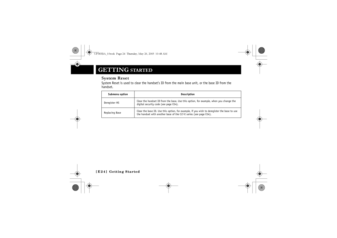 Sanyo CLT-E32, CLT-E30, CLT-E33 instruction manual System Reset, Replacing Base 