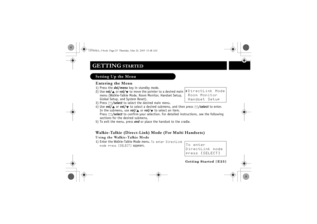 Sanyo CLT-E30, CLT-E33, CLT-E32 Setting Up the Menu, Entering the Menu, Walkie-Talkie Direct-Link Mode For Multi Handsets 