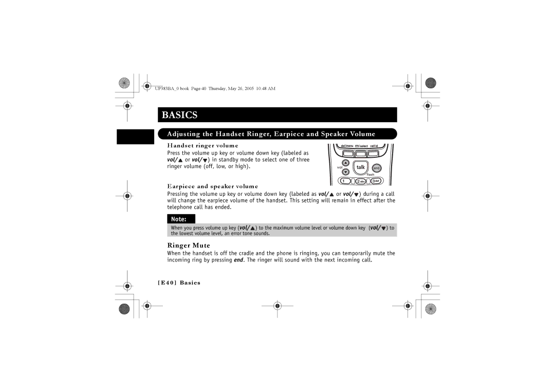 Sanyo CLT-E30, CLT-E33 Adjusting the Handset Ringer, Earpiece and Speaker Volume, Ringer Mute, Handset ringer volume 