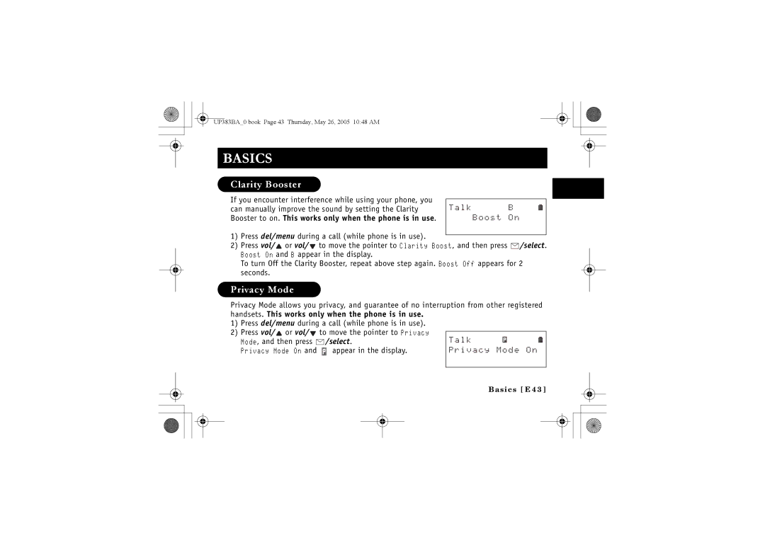 Sanyo CLT-E30, CLT-E33, CLT-E32 instruction manual Clarity Booster, Privacy Mode, 2TKXCE/QFG1P 