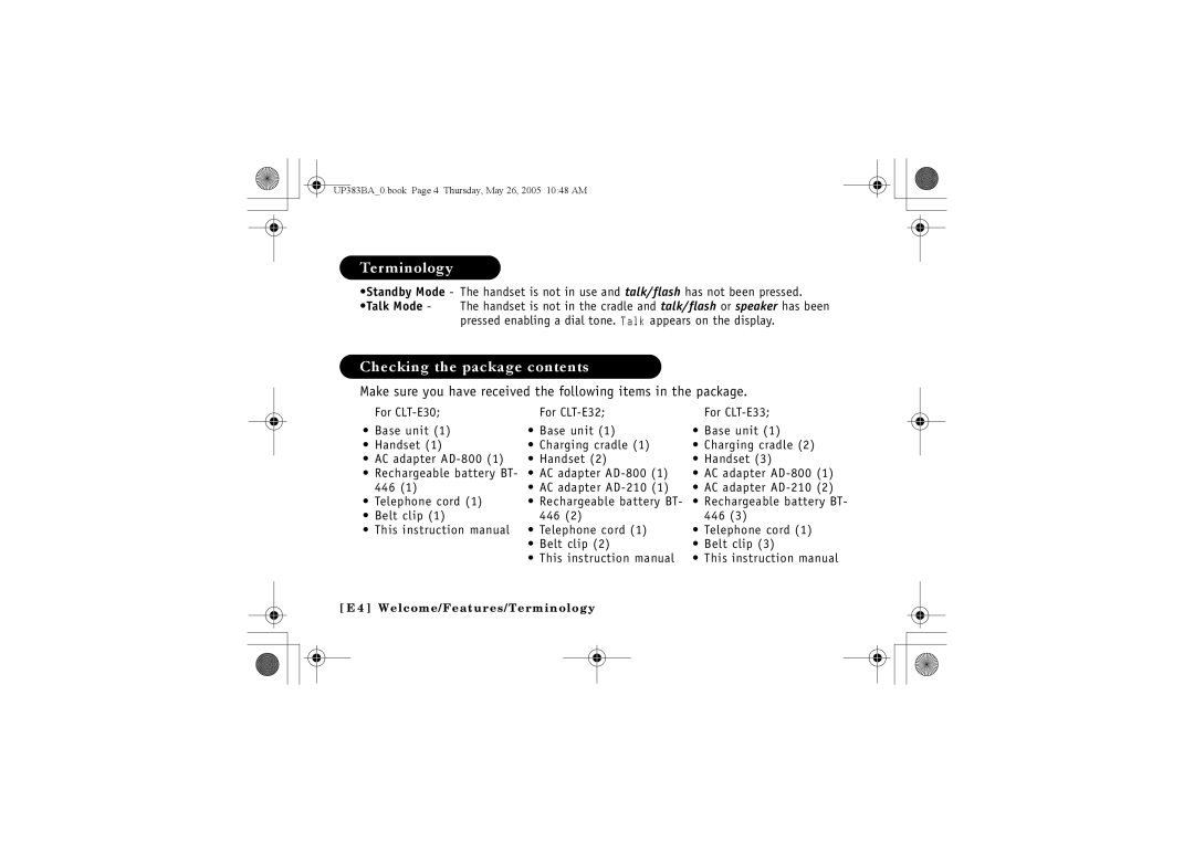 Sanyo CLT-E30, CLT-E33, CLT-E32 instruction manual Terminology, Checking the package contents 