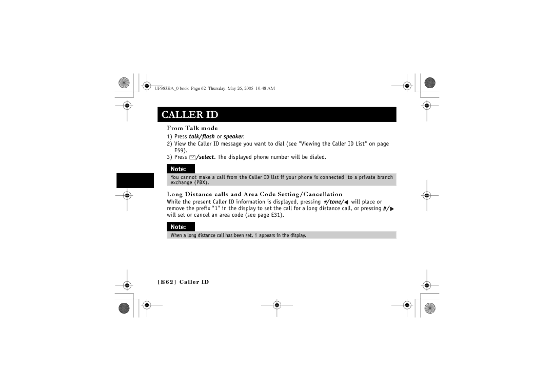 Sanyo CLT-E33, CLT-E30, CLT-E32 instruction manual From Talk mode, Long Distance calls and Area Code Setting/Cancellation 