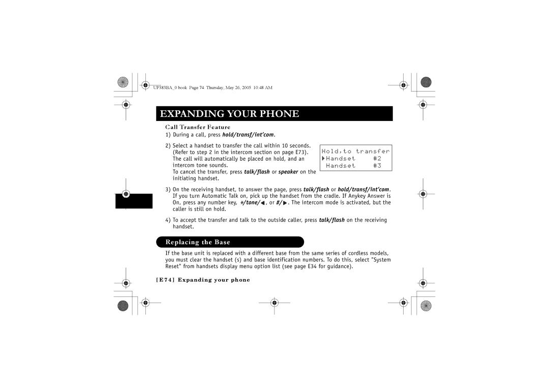 Sanyo CLT-E33, CLT-E30, CLT-E32 instruction manual Replacing the Base, Call Transfer Feature 