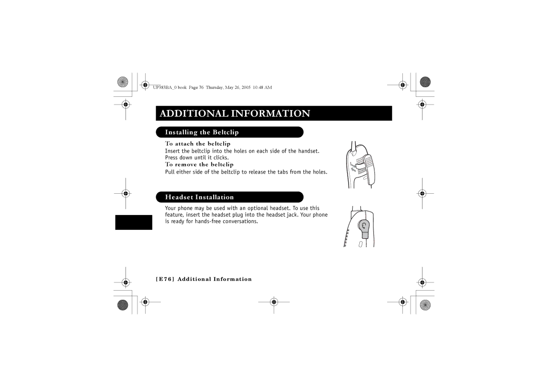 Sanyo CLT-E30, CLT-E33 Installing the Beltclip, Headset Installation, To attach the beltclip, To remove the beltclip 