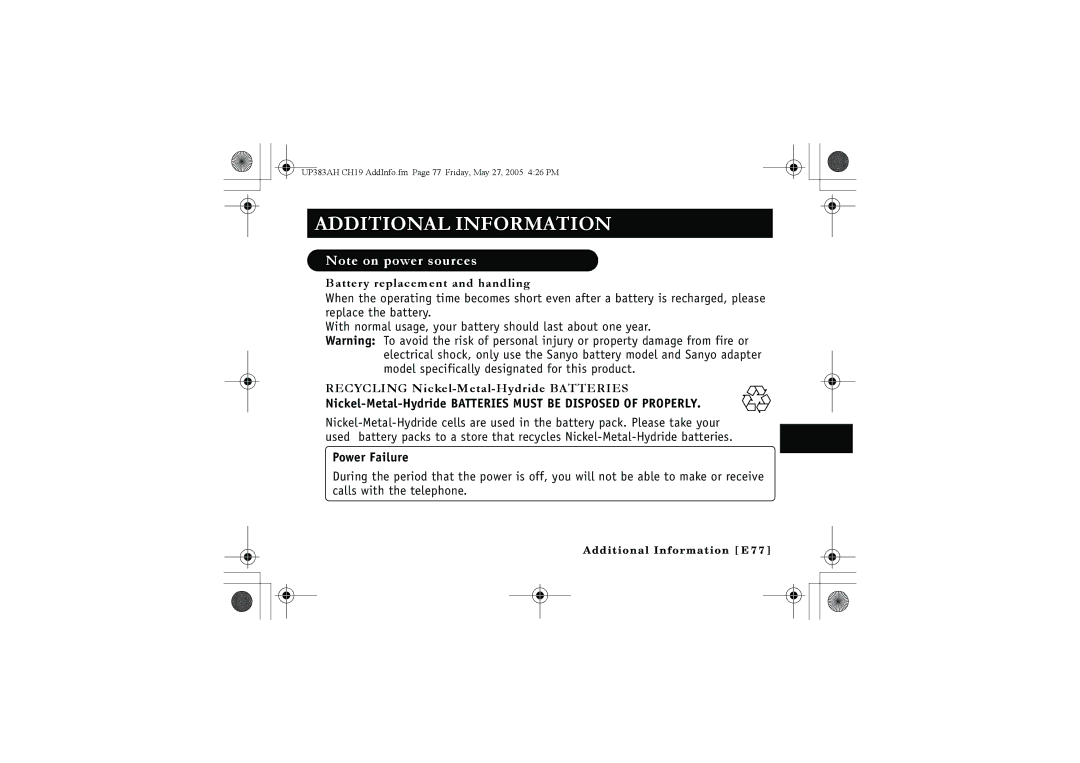 Sanyo CLT-E33, CLT-E30, CLT-E32 instruction manual Battery replacement and handling, Recycling Nickel-Metal-Hydride Batteries 