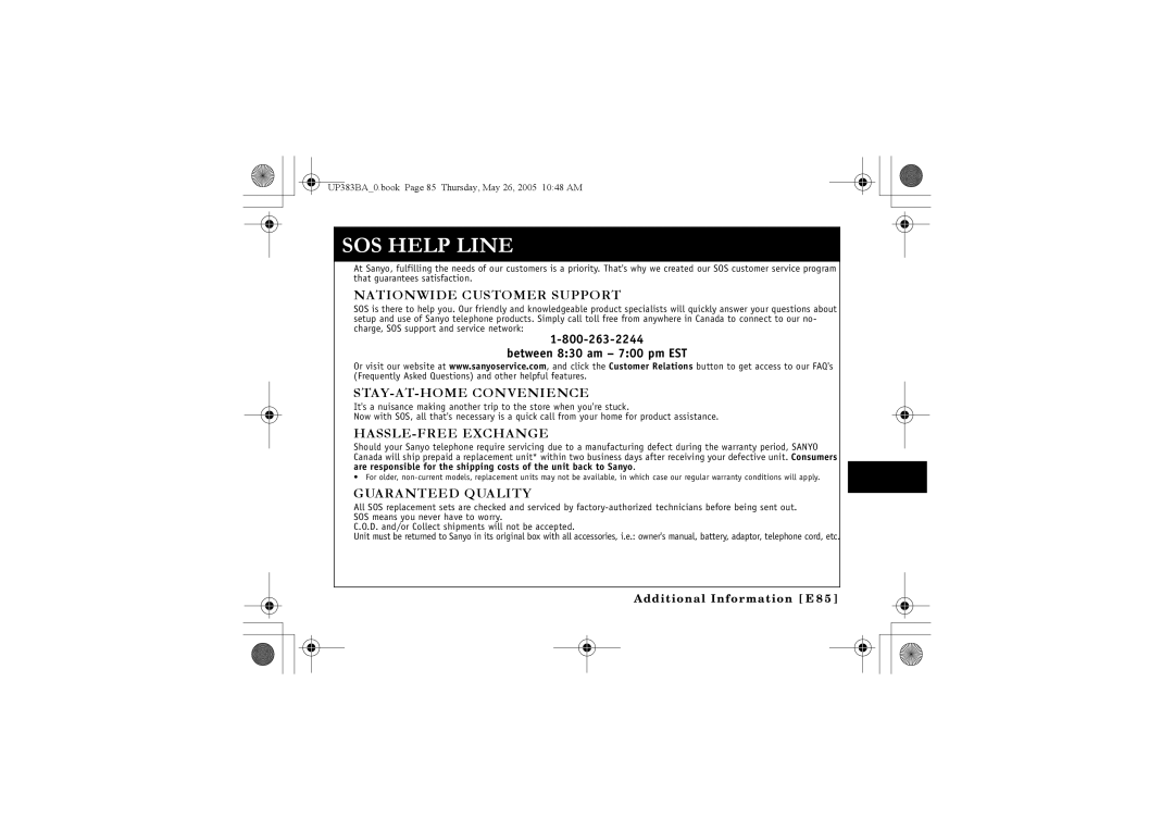 Sanyo CLT-E30, CLT-E33, CLT-E32 instruction manual SOS Help Line 