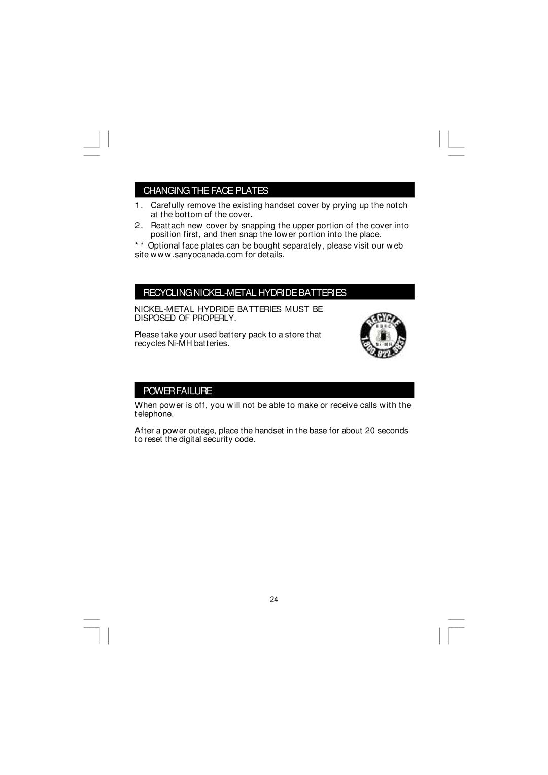 Sanyo CLT-J30 instruction manual Changing the Face Plates, Recycling NICKEL-METAL Hydride Batteries, Power Failure 