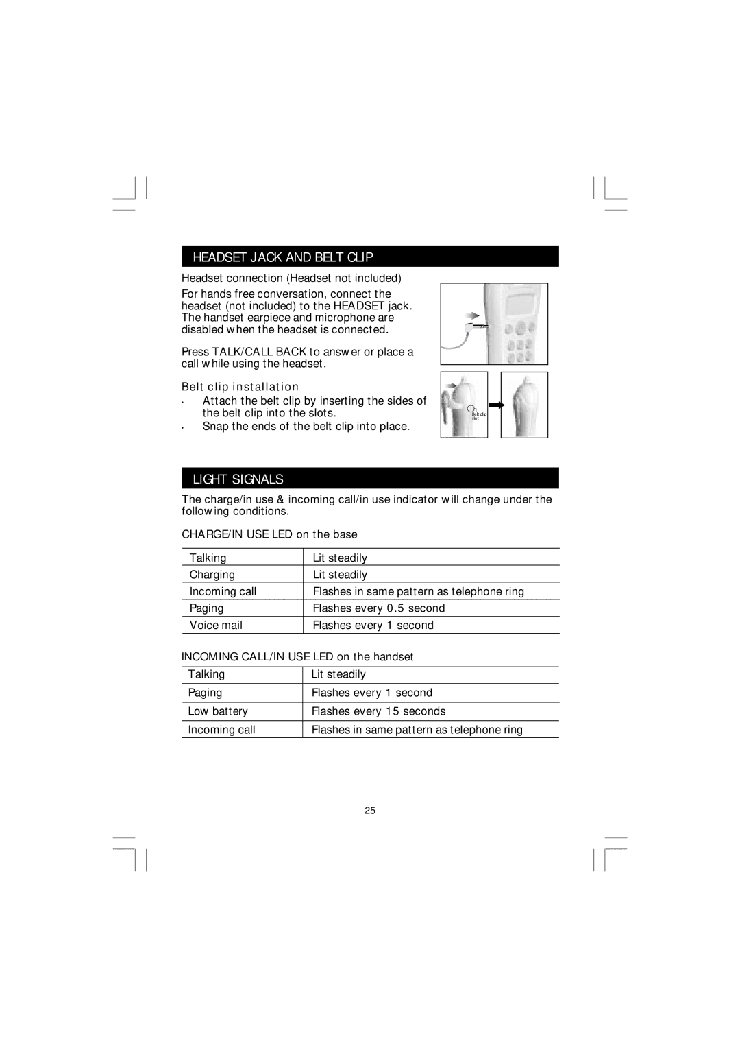 Sanyo CLT-J30 instruction manual Headset Jack and Belt Clip, Light Signals 