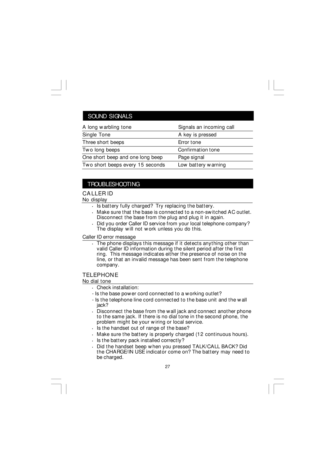 Sanyo CLT-J30 instruction manual Sound Signals, Troubleshooting, No display, Caller ID error message, No dial tone 