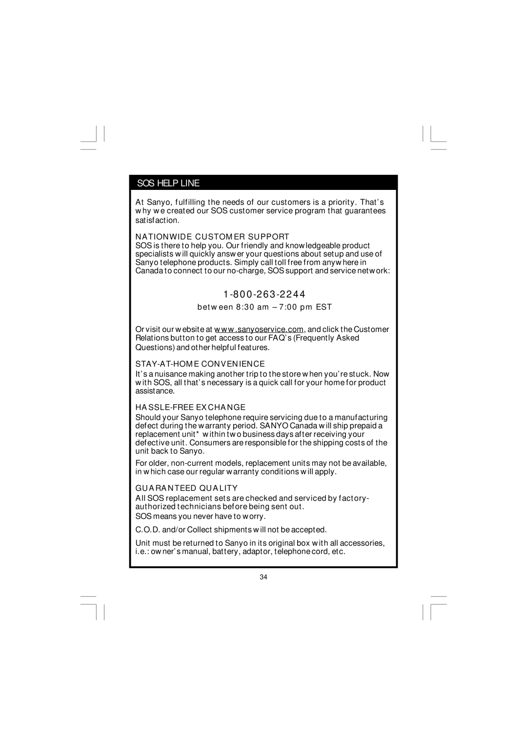 Sanyo CLT-J30 instruction manual SOS Help Line, Between 830 am 700 pm EST 