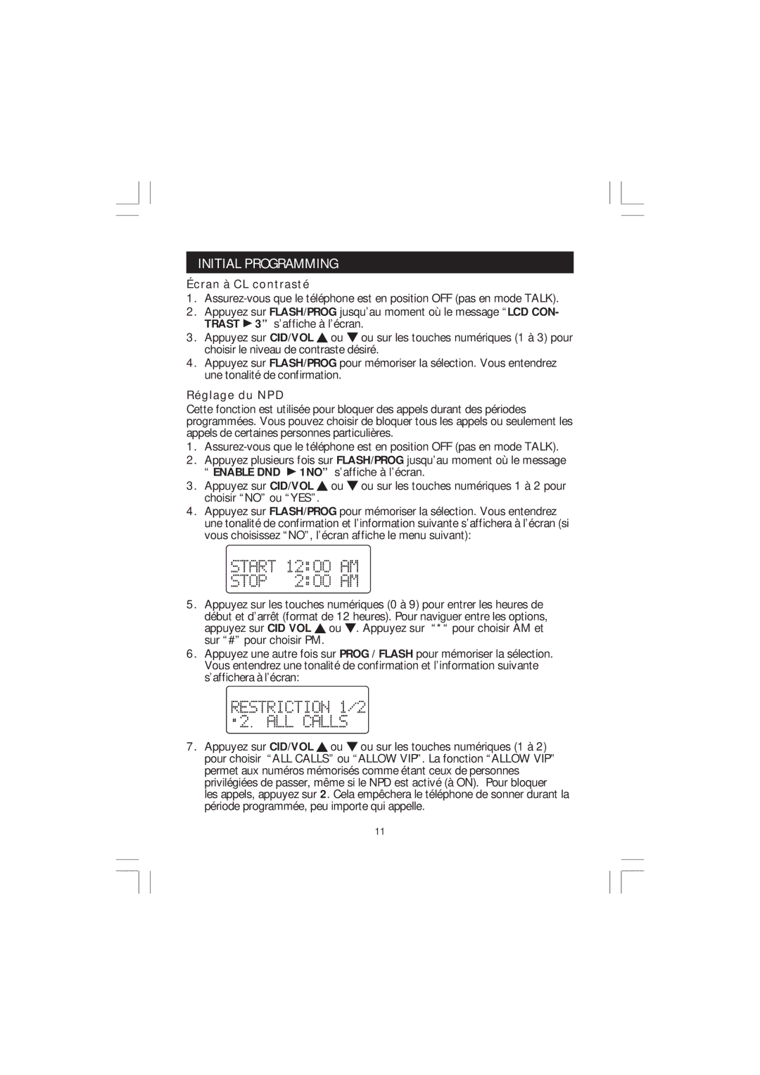 Sanyo CLT-J50, CLT-J40 manual Initial Programming, Écran à CL contrasté, Réglage du NPD 