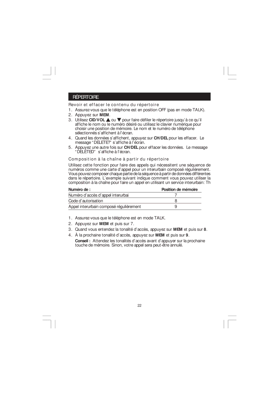 Sanyo CLT-J40 manual Revoir et effacer le contenu du répertoire, Composition à la chaîne à partir du répertoire, Numéro de 