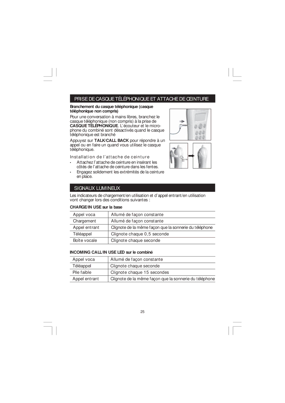 Sanyo CLT-J50 Prise DE Casque Téléphonique ET Attache DE Ceinture, Signaux Lumineux, Installation de l’attache de ceinture 