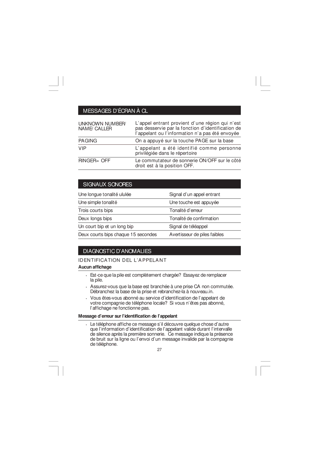 Sanyo CLT-J50, CLT-J40 manual Signaux Sonores, Diagnostic D’ANOMALIES, Identification DEL L’APPELANT, Aucun affichage 