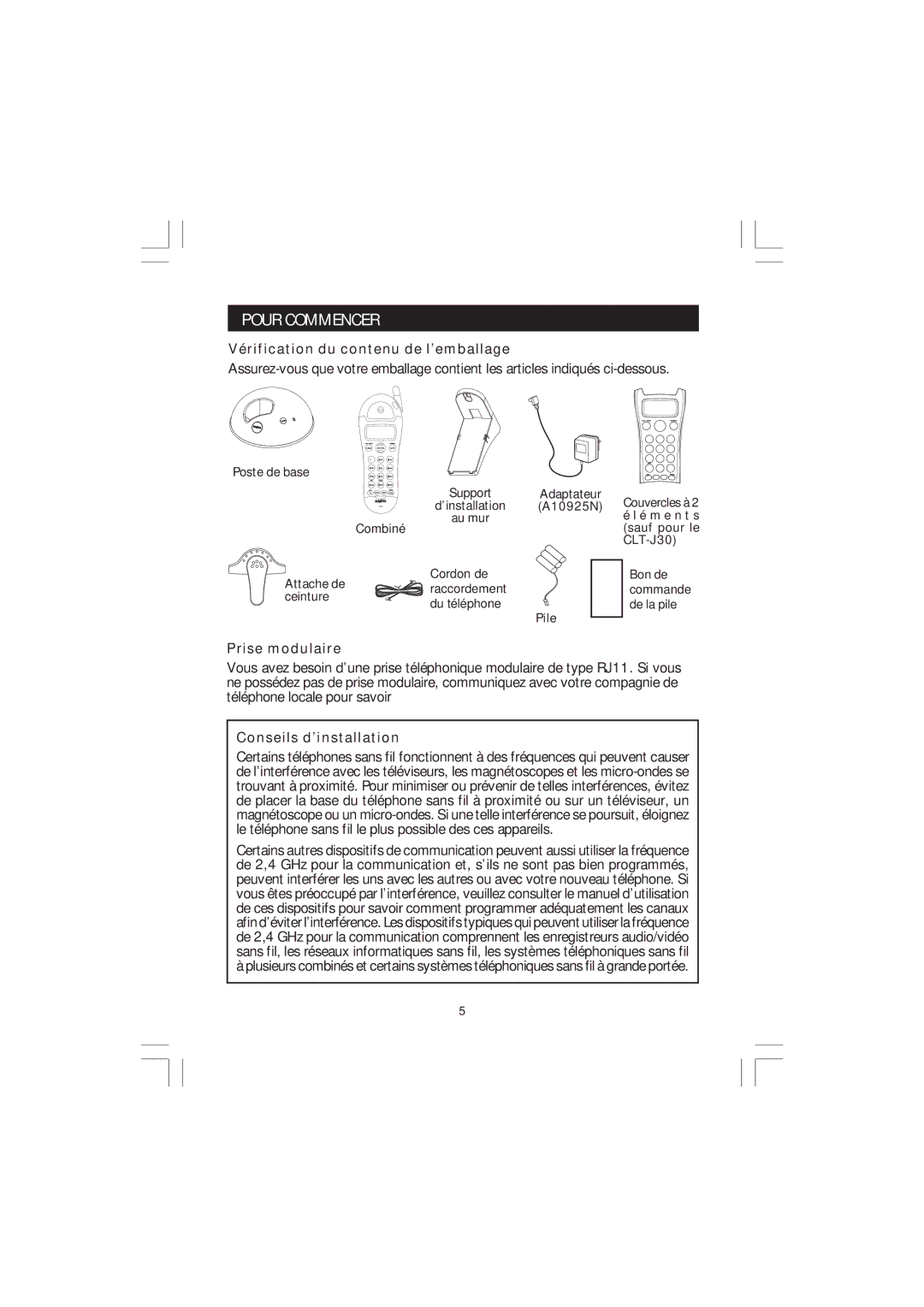 Sanyo CLT-J50, CLT-J40 Pour Commencer, Vérification du contenu de l’emballage, Prise modulaire, Conseils d’installation 