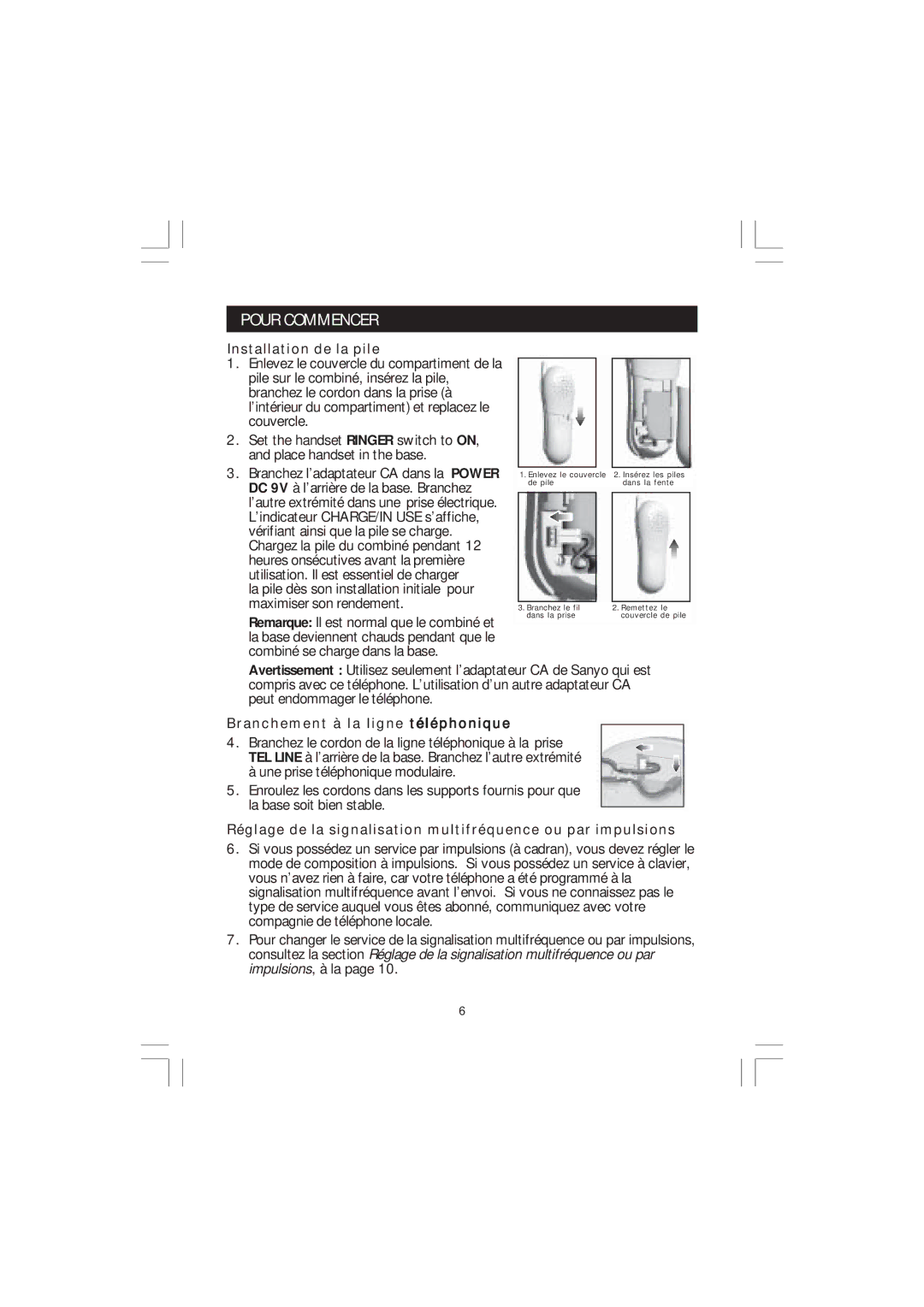 Sanyo CLT-J40, CLT-J50 manual Installation de la pile, Branchement à la ligne téléphonique 