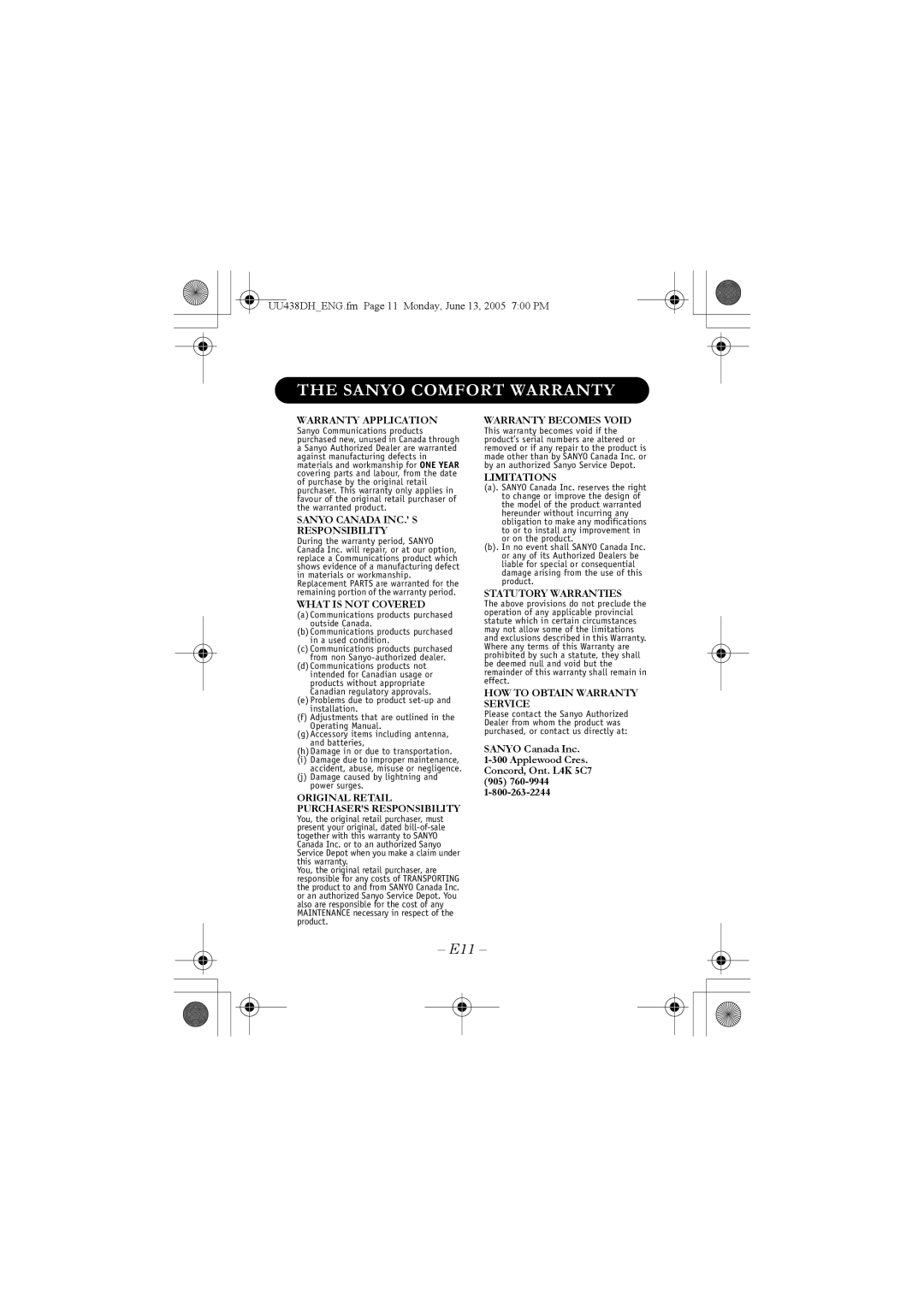 Sanyo CLT-OHE40 instruction manual Sanyo Comfort Warranty 