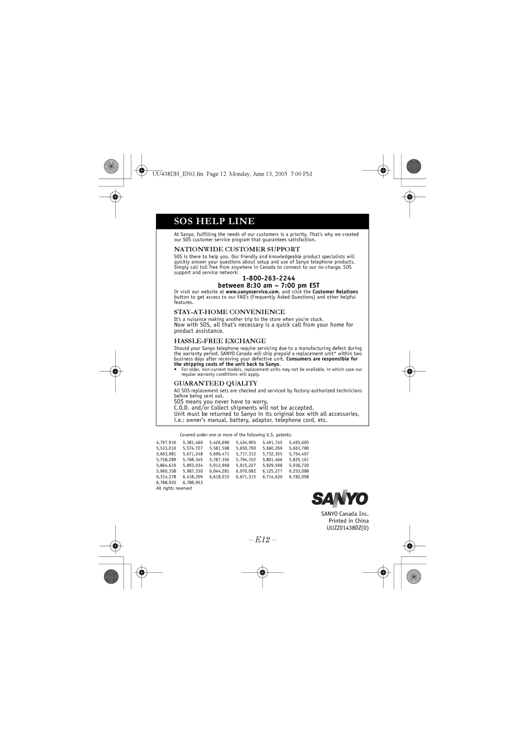 Sanyo CLT-OHE40 instruction manual SOS Help Line, Between 830 am 700 pm EST 