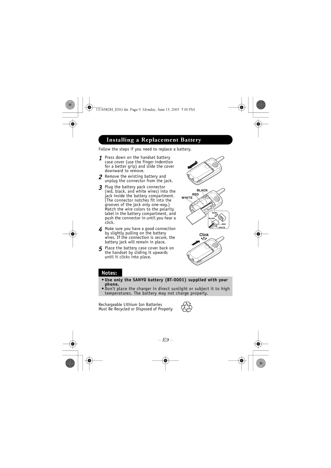 Sanyo CLT-OHE40 Installing a Replacement Battery, Use only the Sanyo battery BT-0001 supplied with your phone 