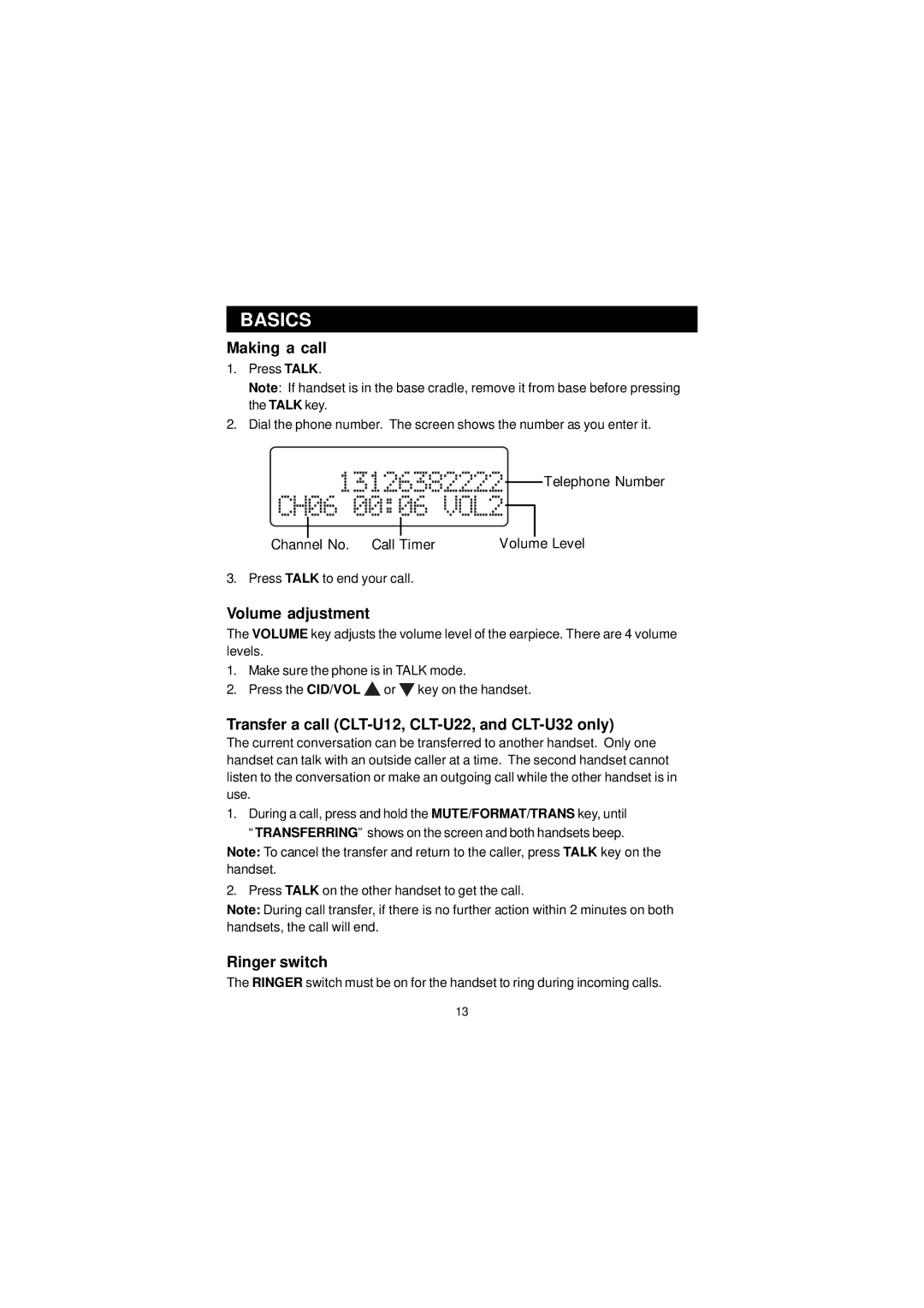 Sanyo CLT-U20 Making a call, Volume adjustment, Transfer a call CLT-U12, CLT-U22, and CLT-U32 only, Ringer switch 